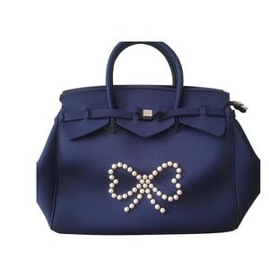 Save My Bag Navy Blue Handbag Faux Pearl Bow Embellishment Tote Bag